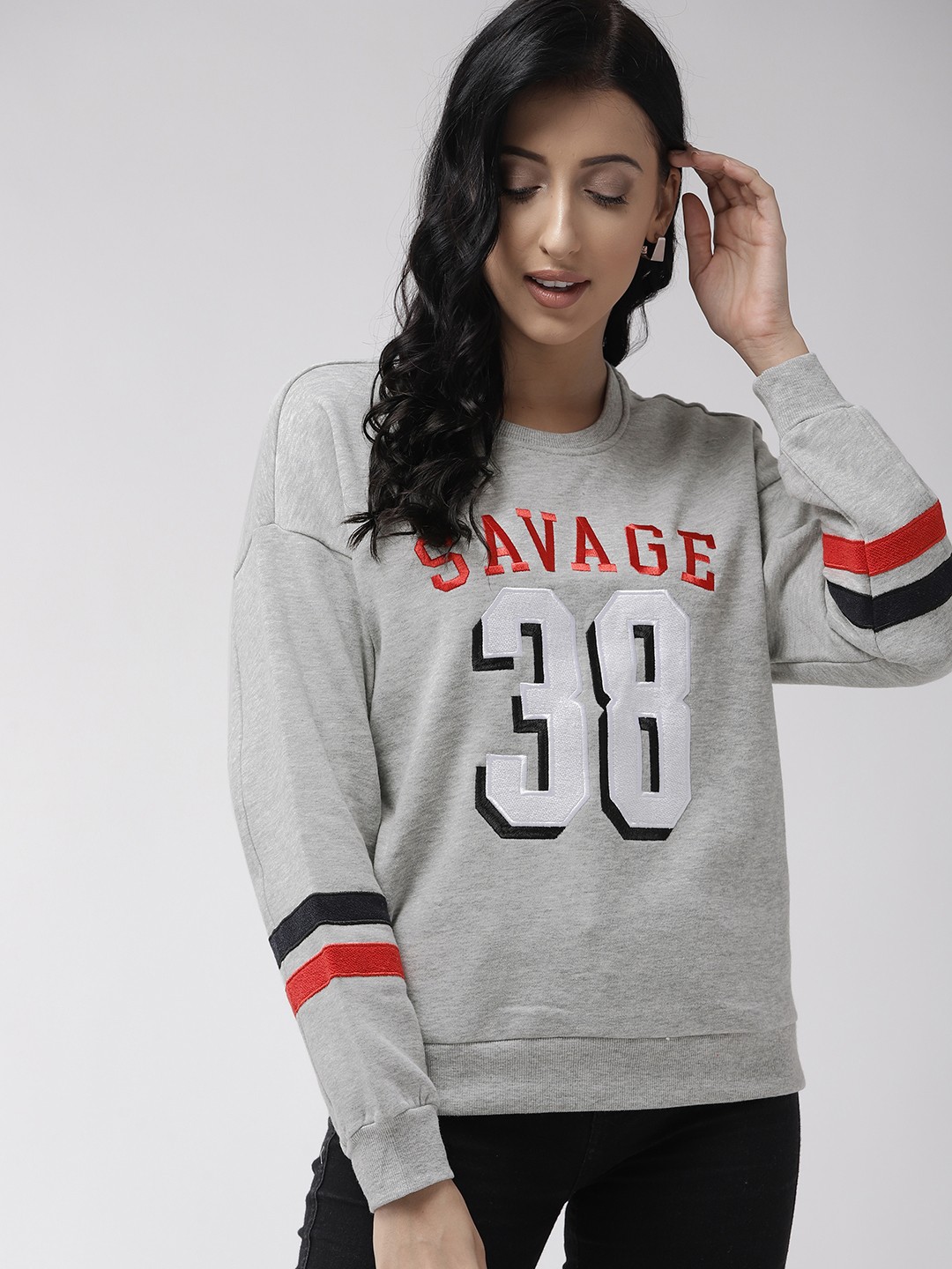 

FOREVER 21 Women Grey Melange Self Design Sweatshirt