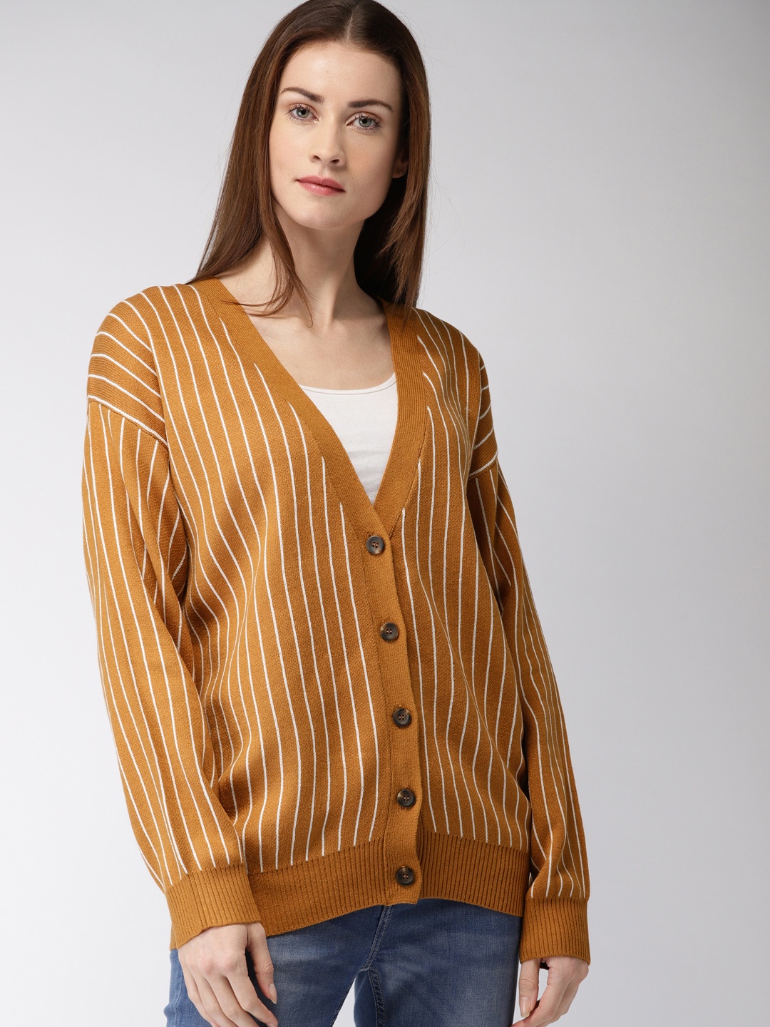 

FOREVER 21 Women Mustard Yellow & White Striped Cardigan