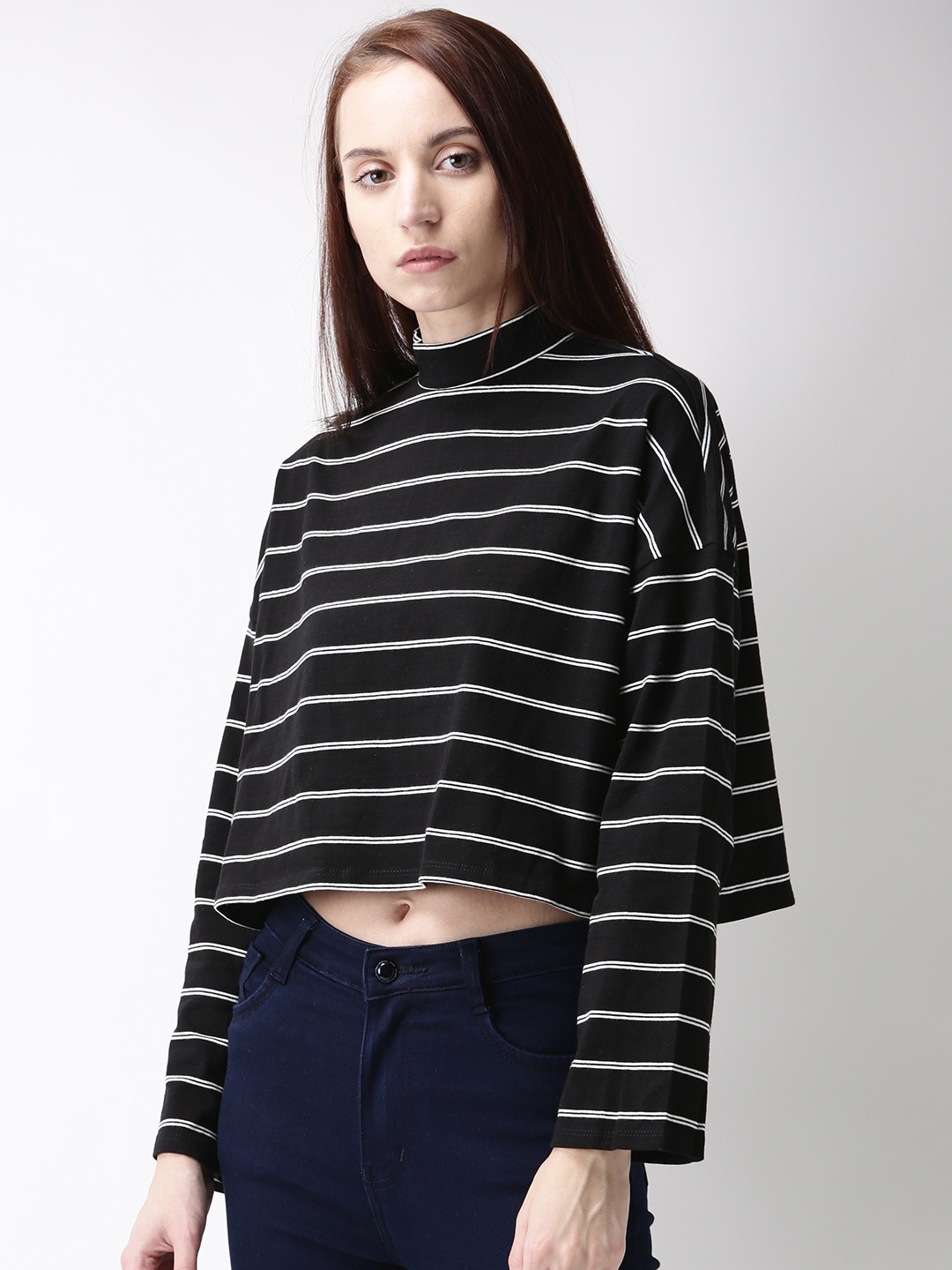 

FOREVER 21 Women Black & White Striped Boxy Crop Pure Cotton Top