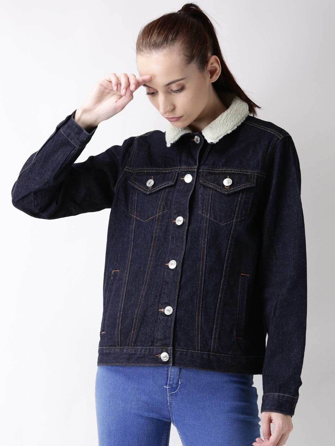 

FOREVER 21 Women Navy Blue Solid Denim Jacket