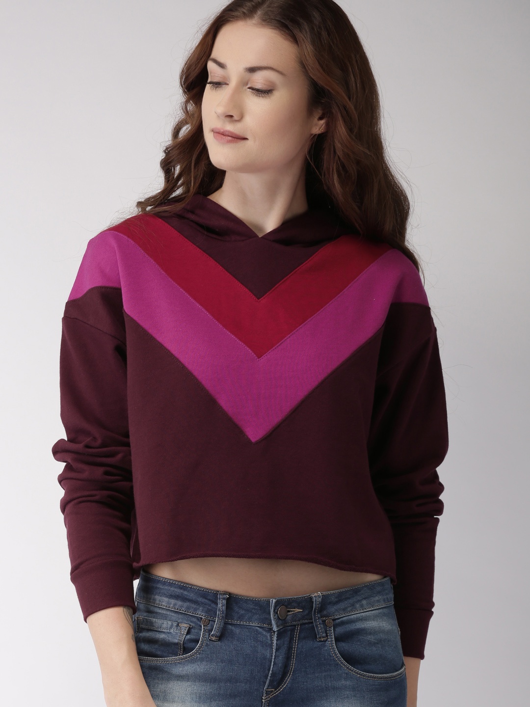 

FOREVER 21 Women Burgundy Colourblocked Hooded Sweatshirt