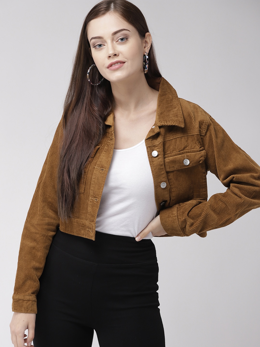 

FOREVER 21 Women Brown Solid Crop Corduroy Jacket