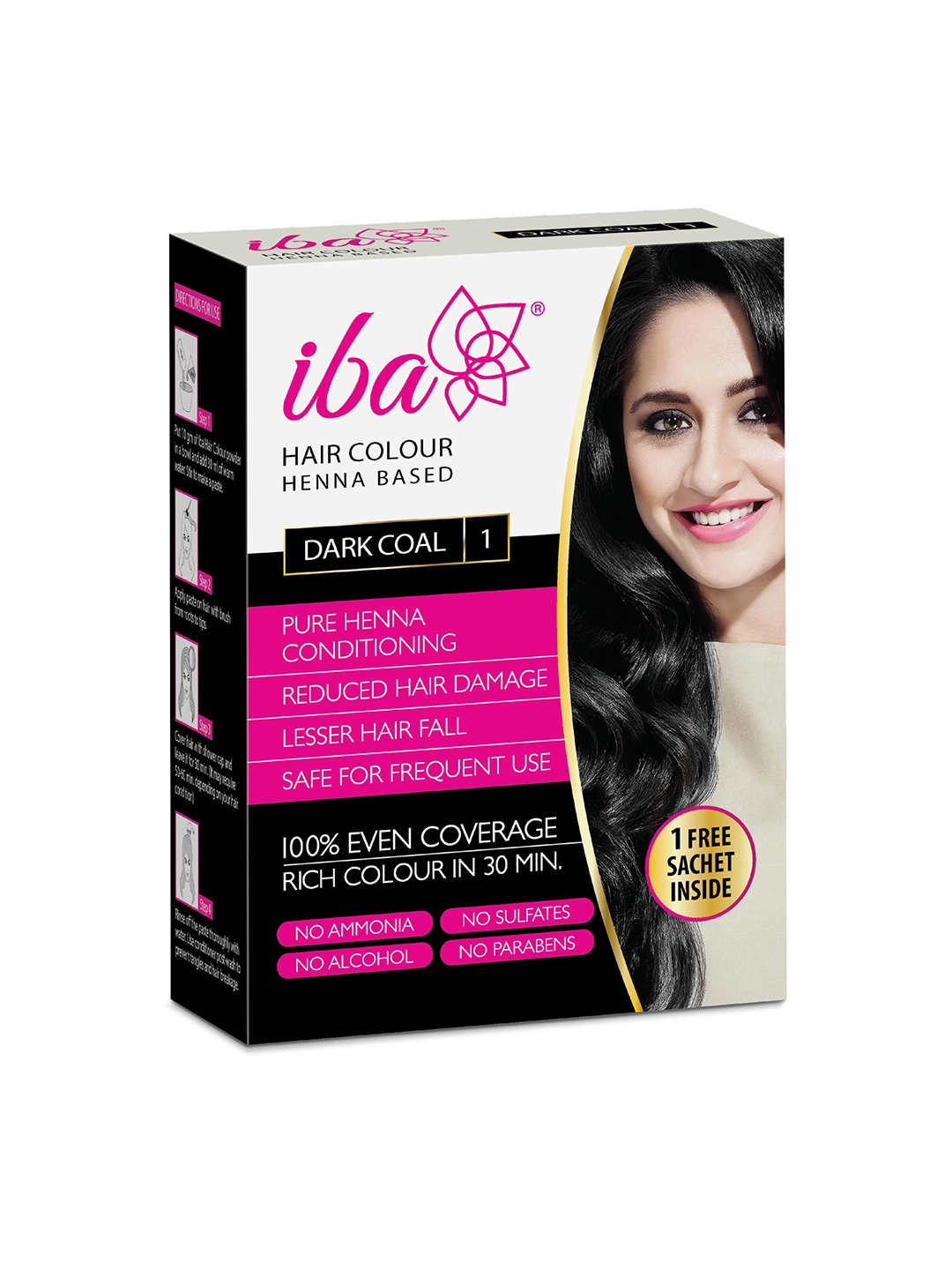 

Iba Hair Colour 100% Pure Henna Based Powder Sachet - Dark Coal, 70g, Black