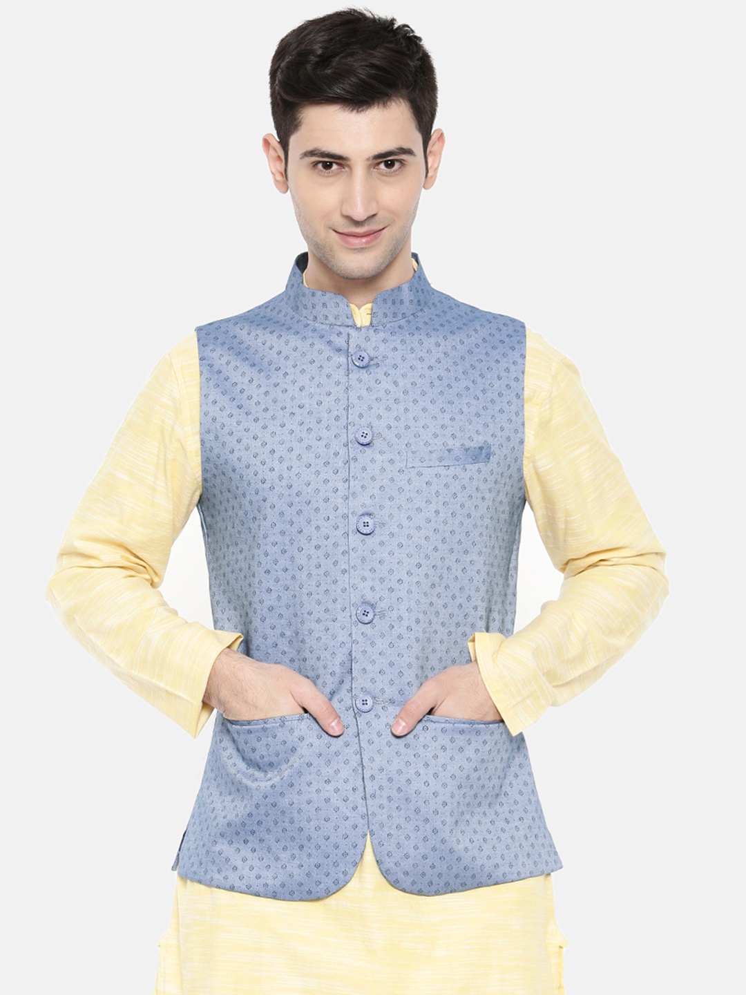

The Indian Garage Co Men Blue Geometric Printed Nehru Jacket