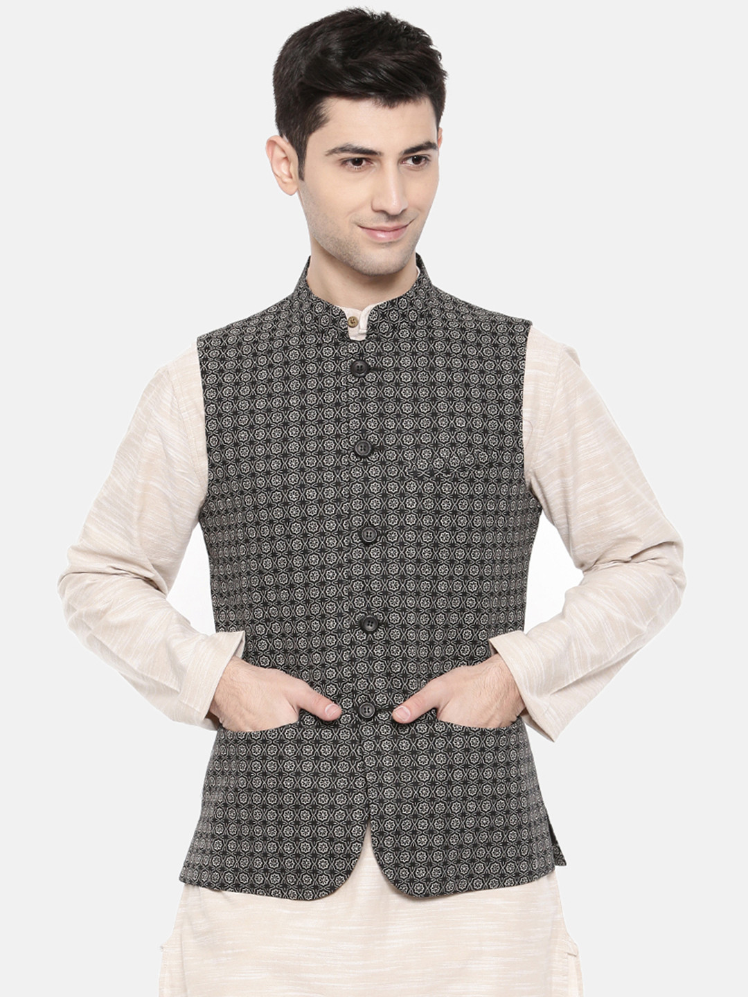 

The Indian Garage Co men Black & Beige Printed Nehru Jacket