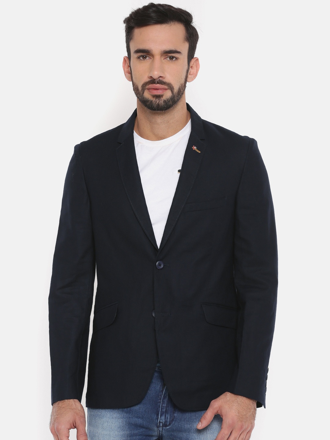 

The Indian Garage Co Men Navy Blue Solid Single-Breasted Casual Pure Cotton Blazer