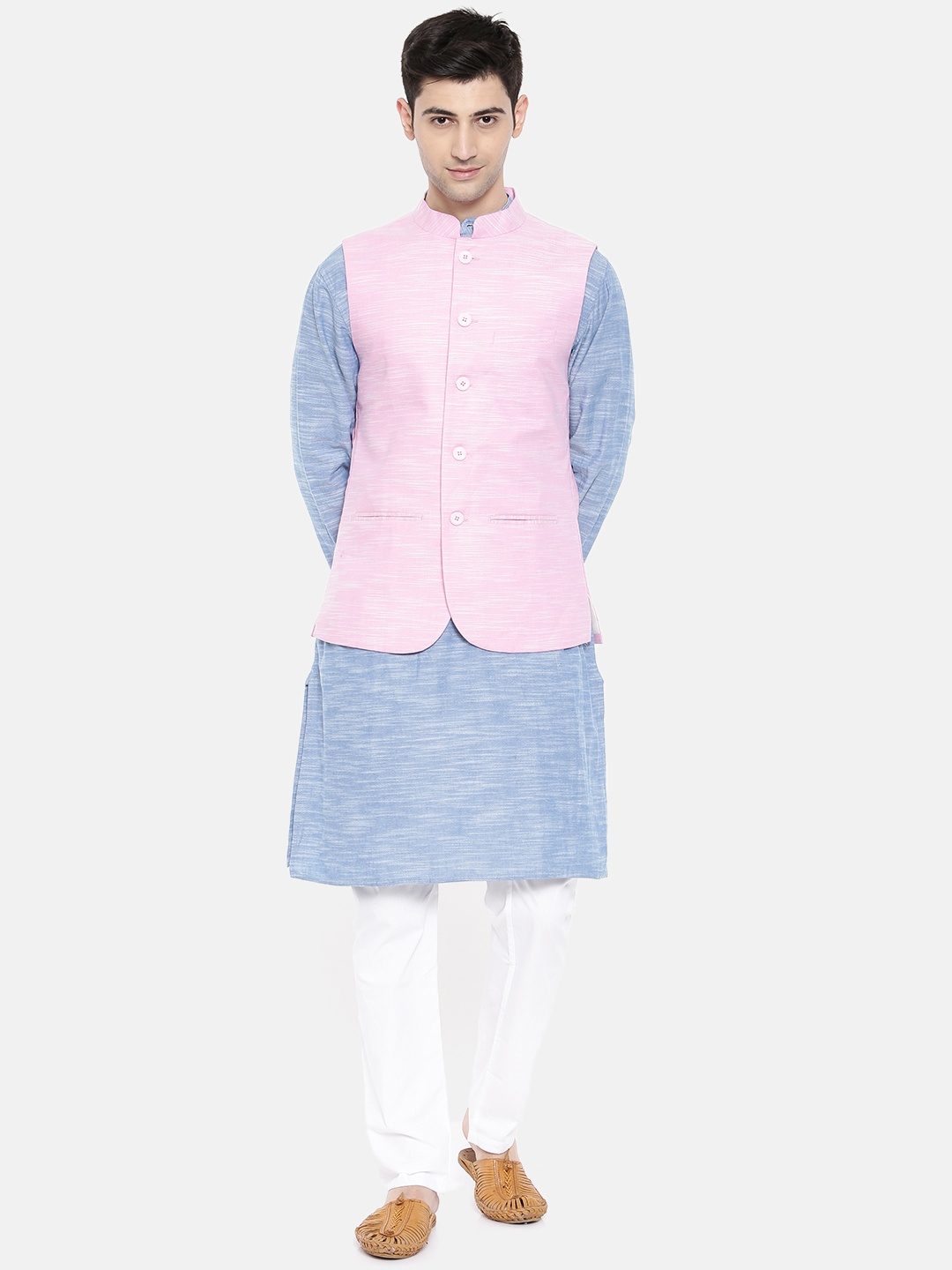 

Freehand Men Pink & White Solid Kurta with Pyjamas & Nehru Jacket