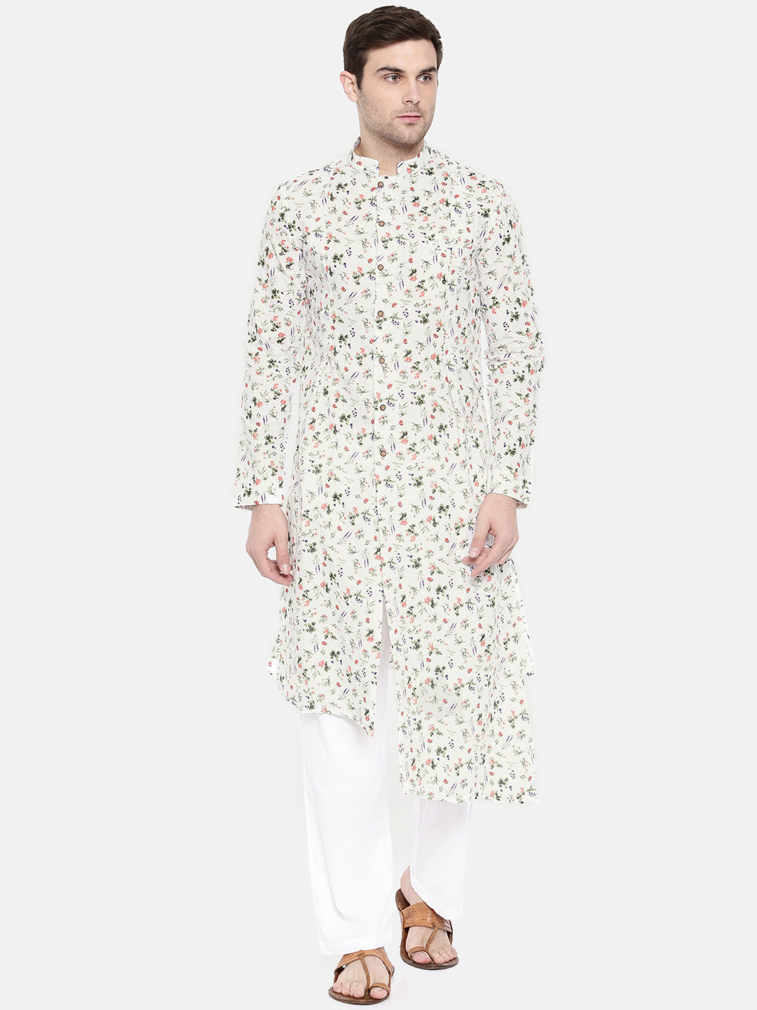 

Freehand Men White Floral Printed Straight Kurta