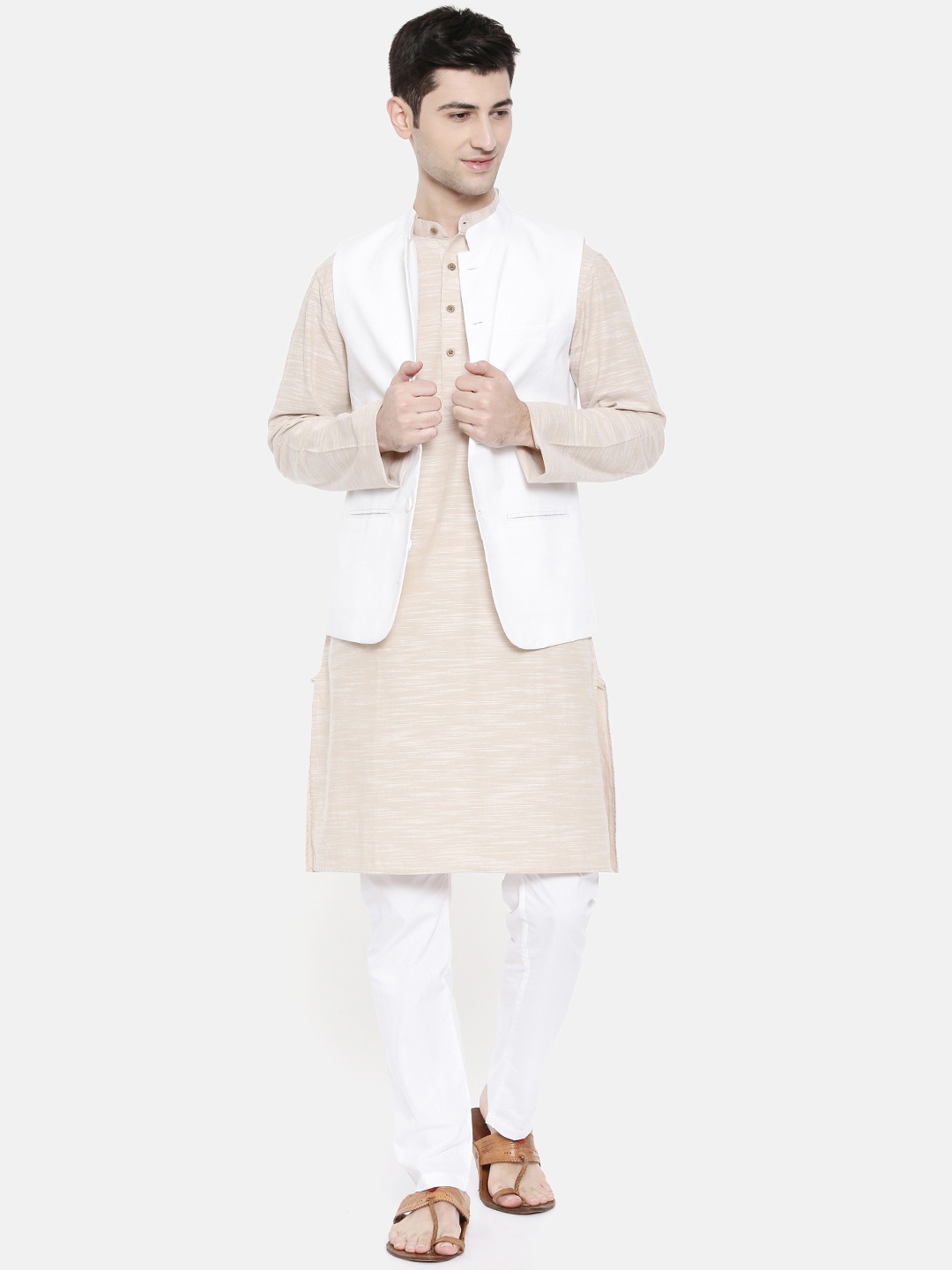 

Freehand by The Indian Garage Co Men White Beige Solid Kurta with Pyjamas Nehru Jacket
