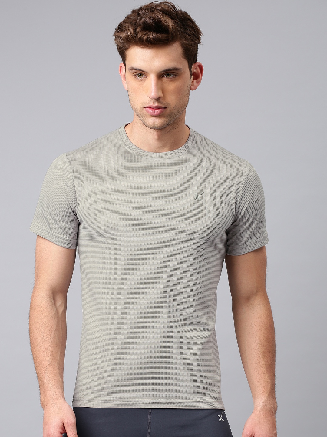 

HRX by Hrithik Roshan Men Grey Self-Design Round Neck Rapid-Dry Training T-shirt