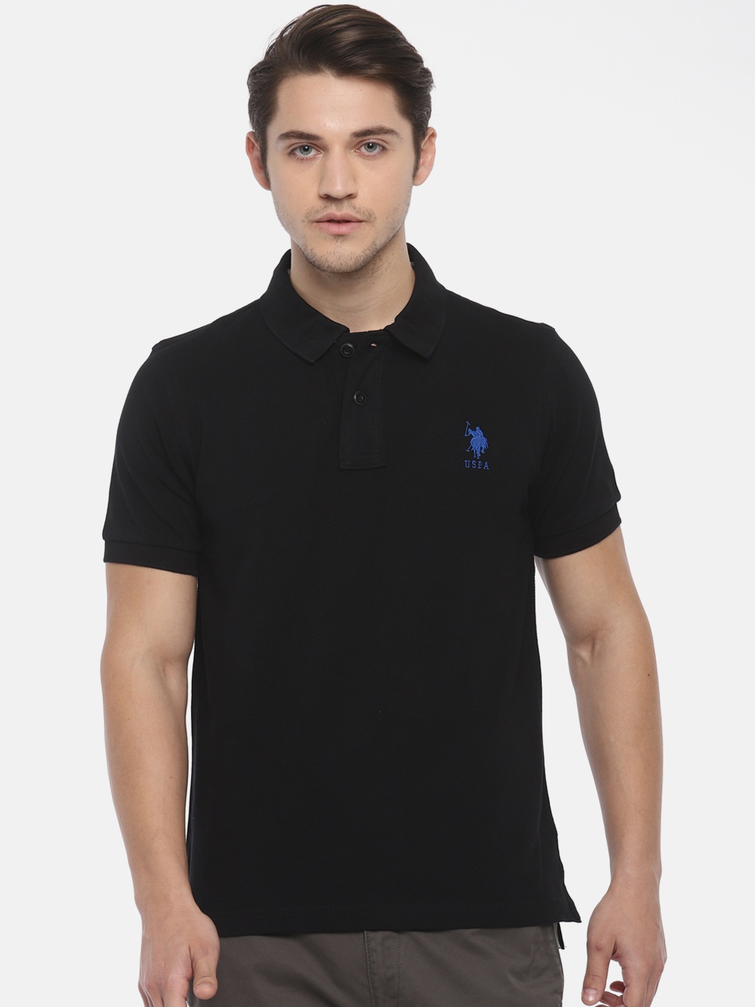 

U.S. Polo Assn. Men Black Solid Polo Collar Pure Cotton T-shirt