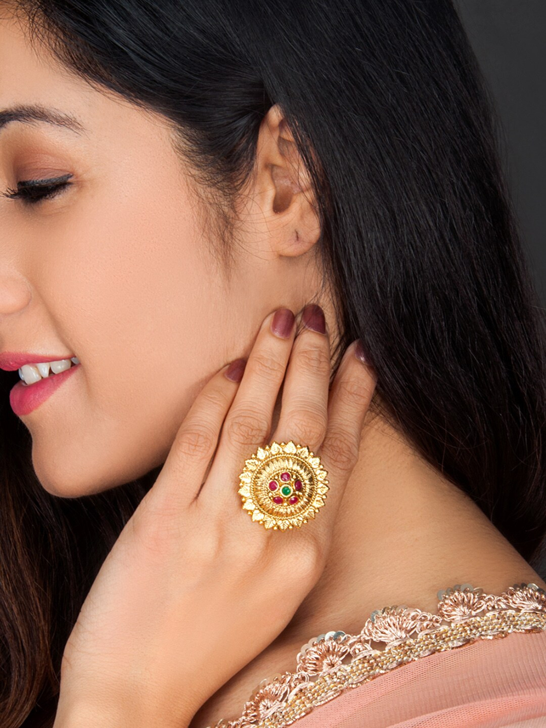 

Rubans Women Gold-Plated Kundan Adjustable Ring