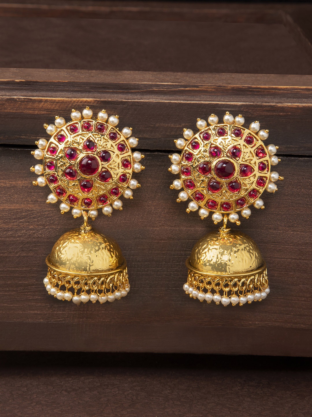 

Rubans Gold-Plated & Red Handcrafted Dome Shaped Jhumkas