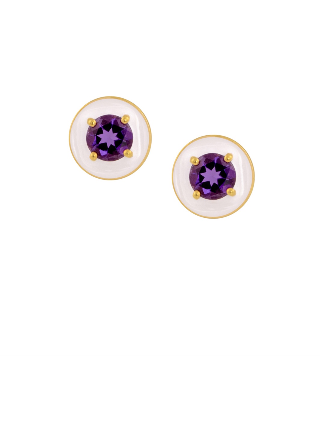 

TALISMAN Purple & White Gold-Plated Amethyst Enamelled Circular Studs