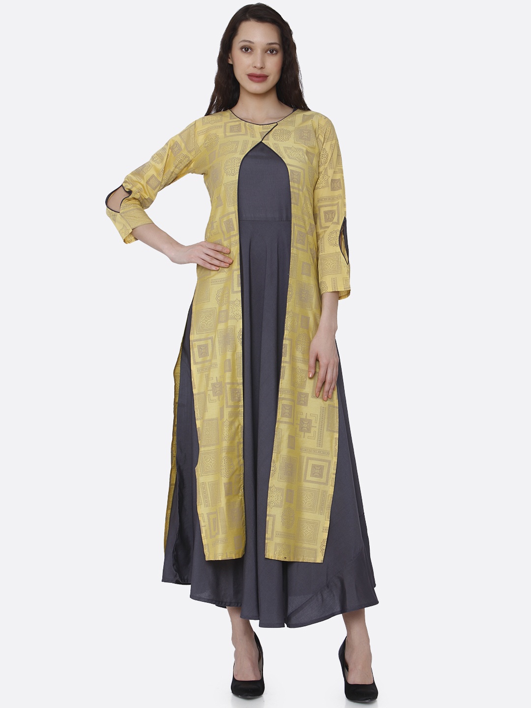 

RAISIN Grey & Yellow Printed Layered A-Line Kurta