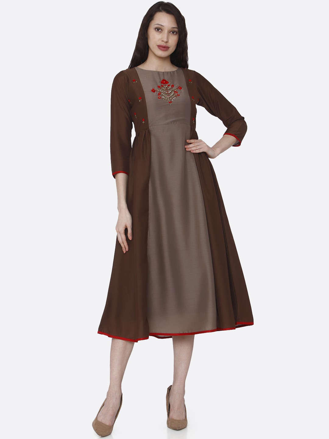 

RAISIN Women Brown Colourblocked Fit and Flare Dress