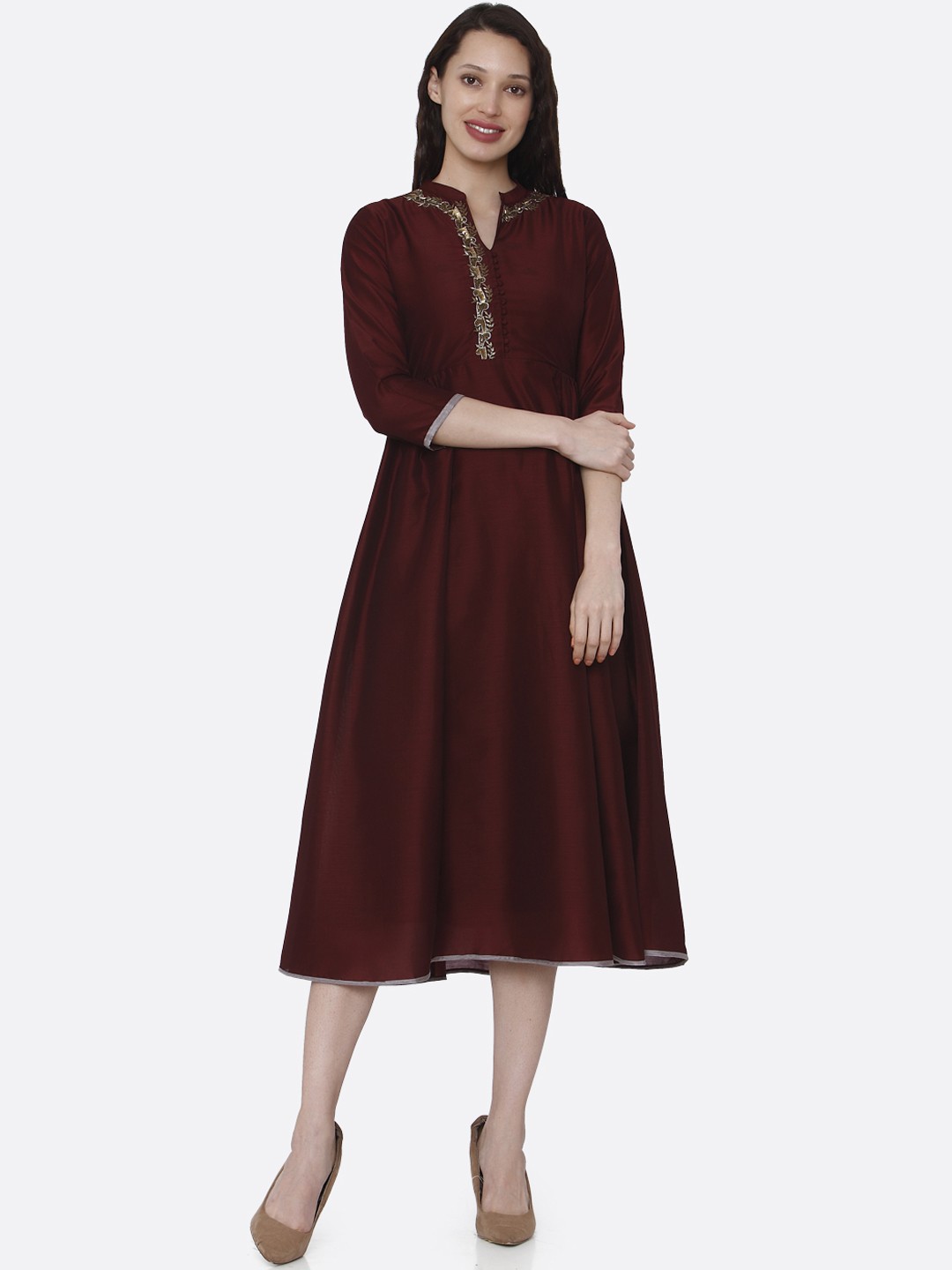 

RAISIN Women Maroon Solid Fit and Flare Dress