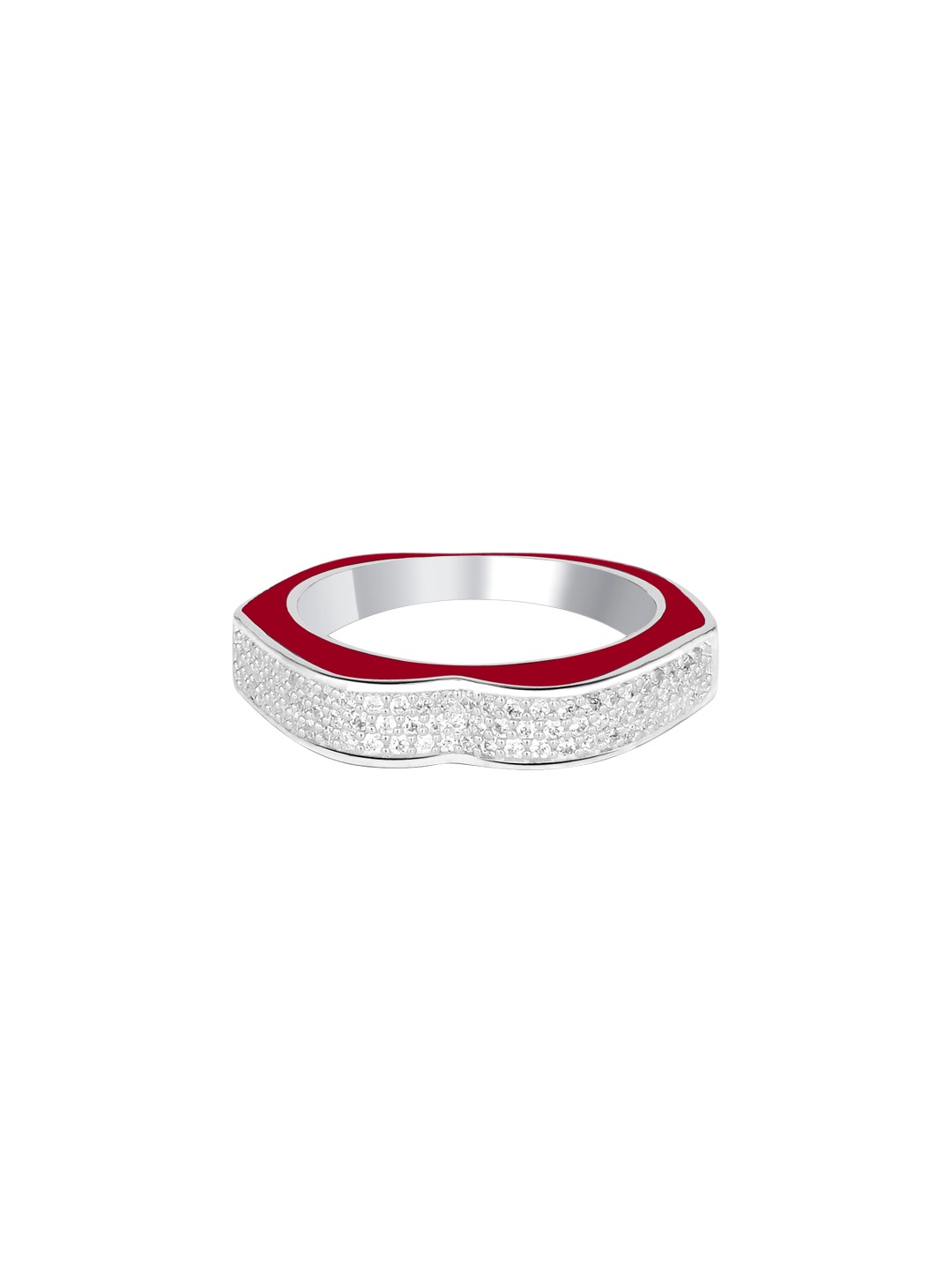 

TALISMAN Women Rhodium-Plated Silver-Toned & Red Cubic Zirconia-Studded Enamelled Ring