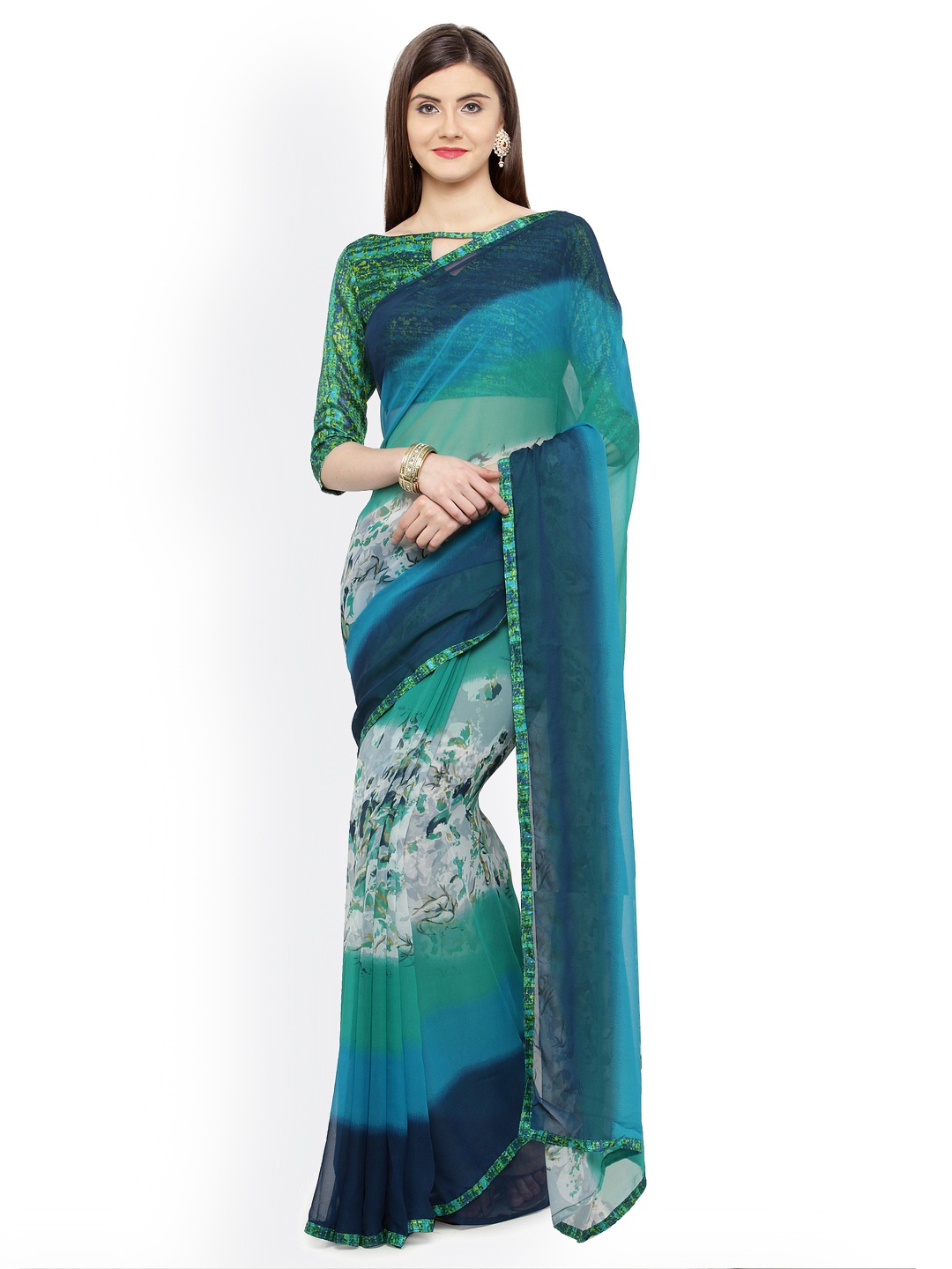 

Shaily Green & Turquoise Blue Pure Georgette Printed Saree