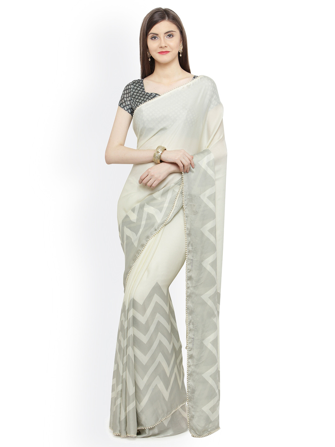 

Shaily Cream-Coloured & Beige Satin Embellished Saree