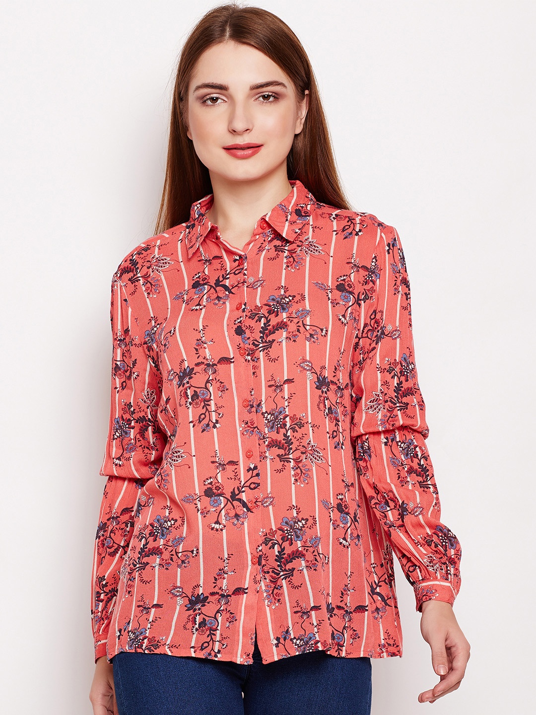 

Oxolloxo Women Peach-Coloured Regular Fit Printed Casual Shirt