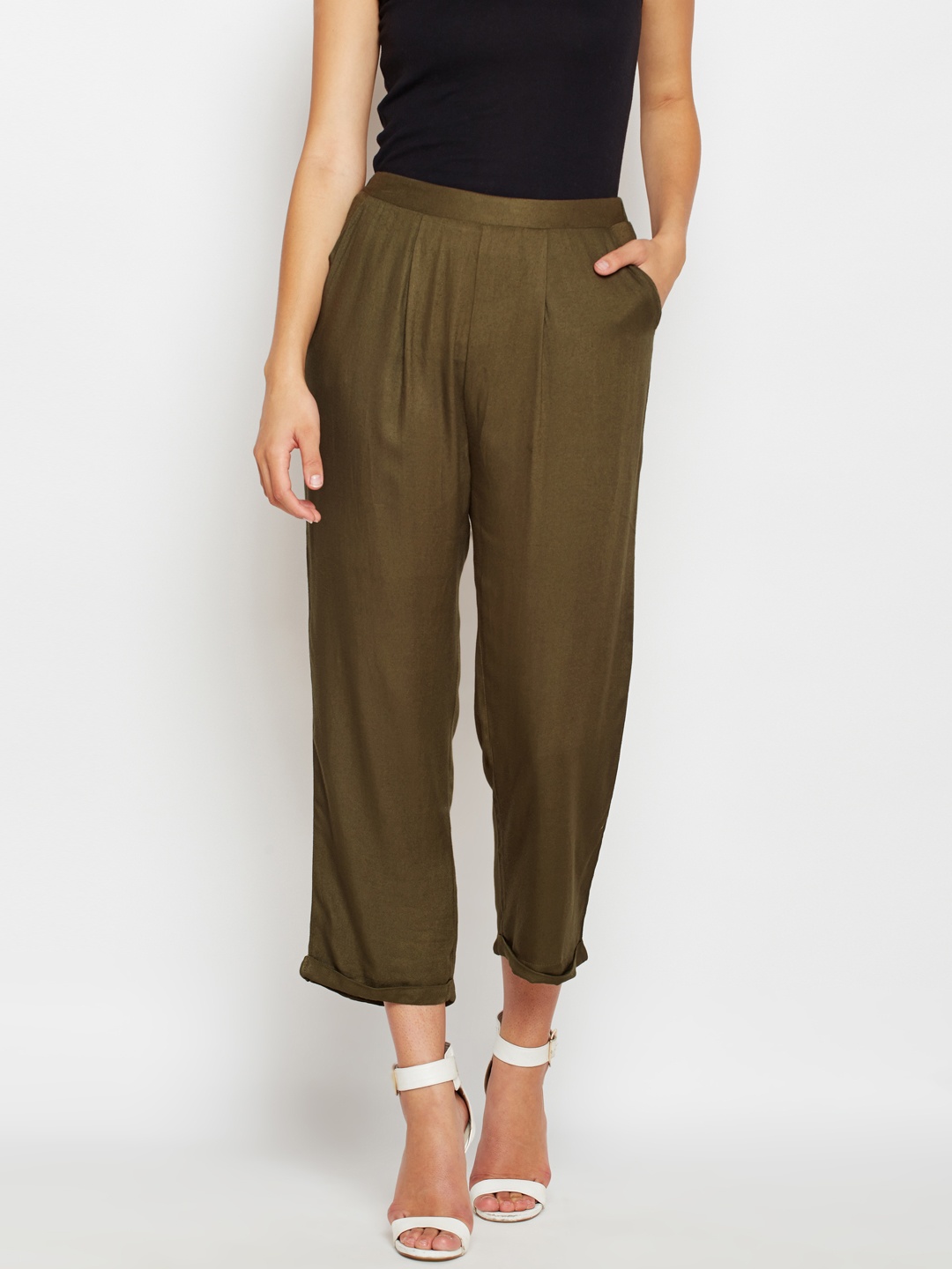 

Oxolloxo Women Khaki Regular Fit Solid Regular Trousers