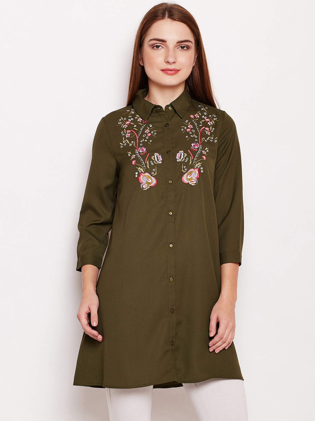 

Oxolloxo Women Olive Green Regular Fit Solid Casual Shirt