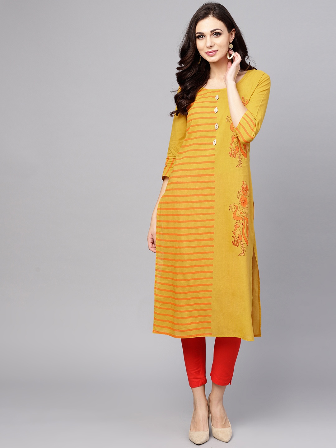 

AKS Women Mustard Yellow & Orange Striped Straight Kurta with Printed Detail