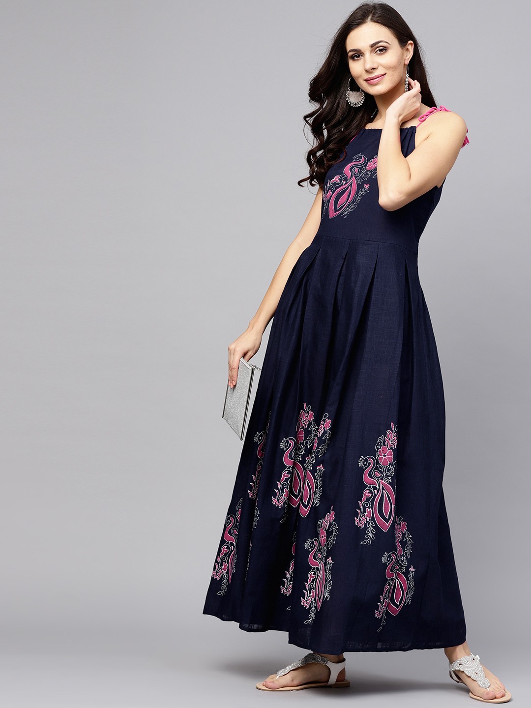 

AKS Women Navy Printed Maxi Dress, Navy blue