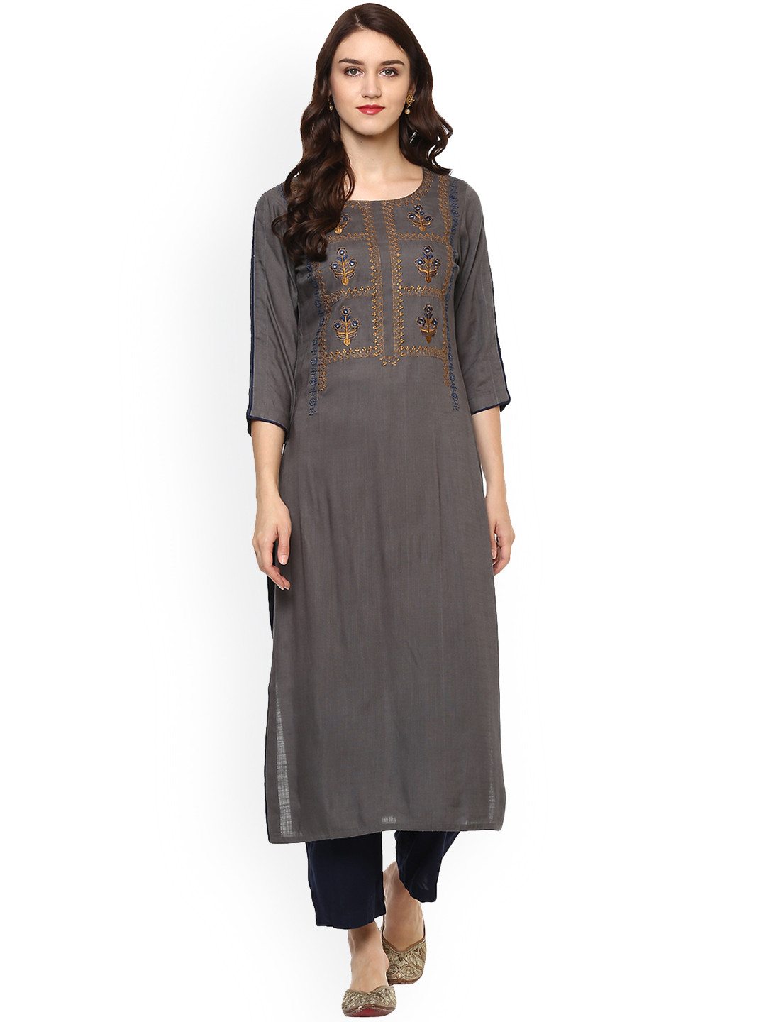 

Idalia Women Grey Embroidered Straight Kurta