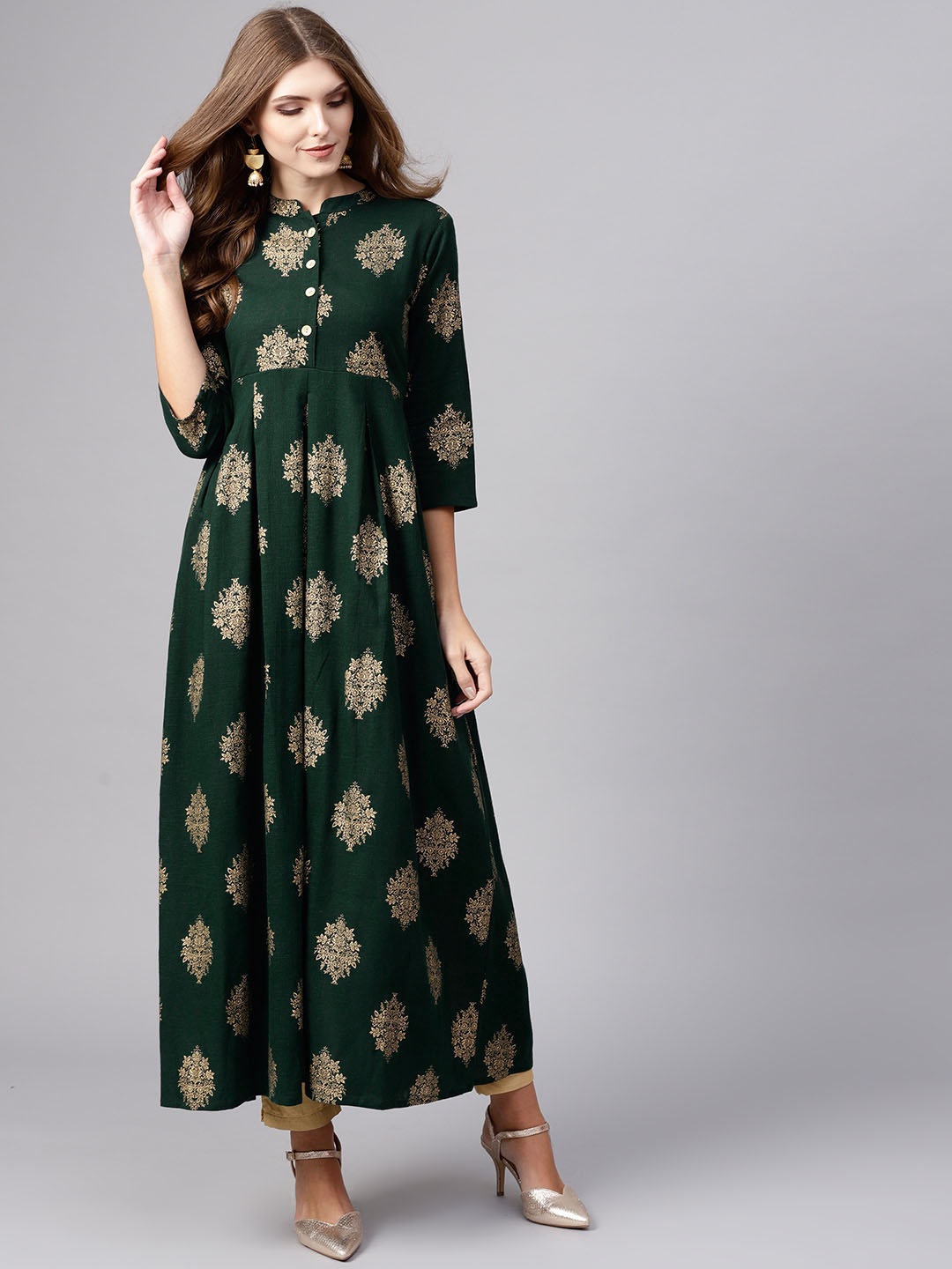 

AKS Women Green & Golden Printed A-Line Kurta