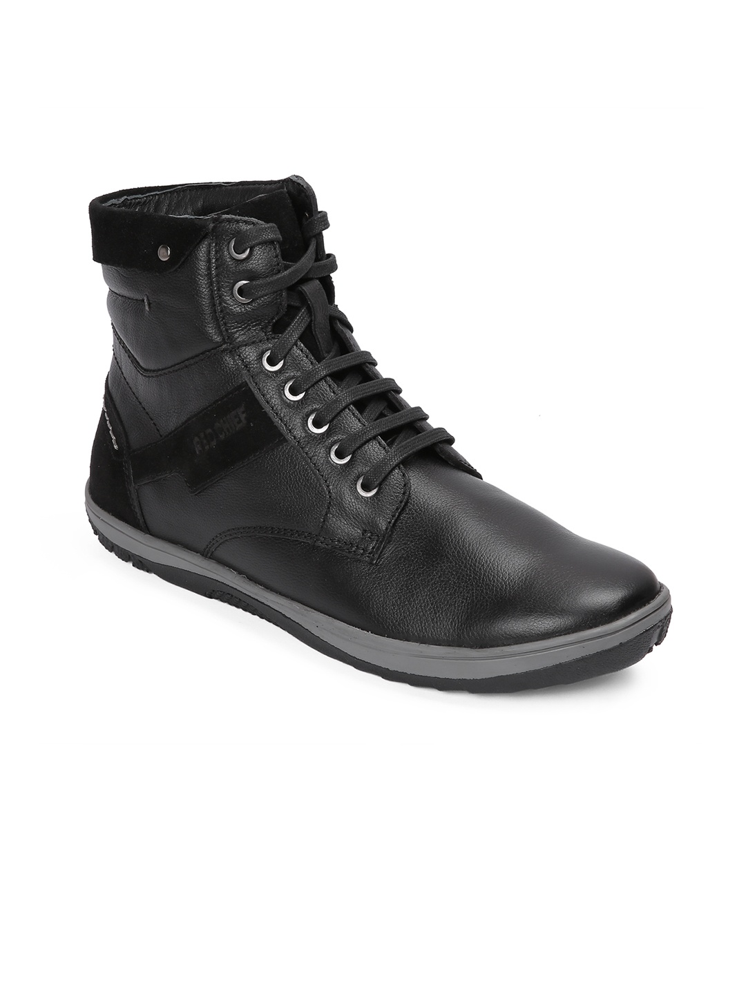 

Red Chief Men Black Solid Leather High-Top Flat Boots