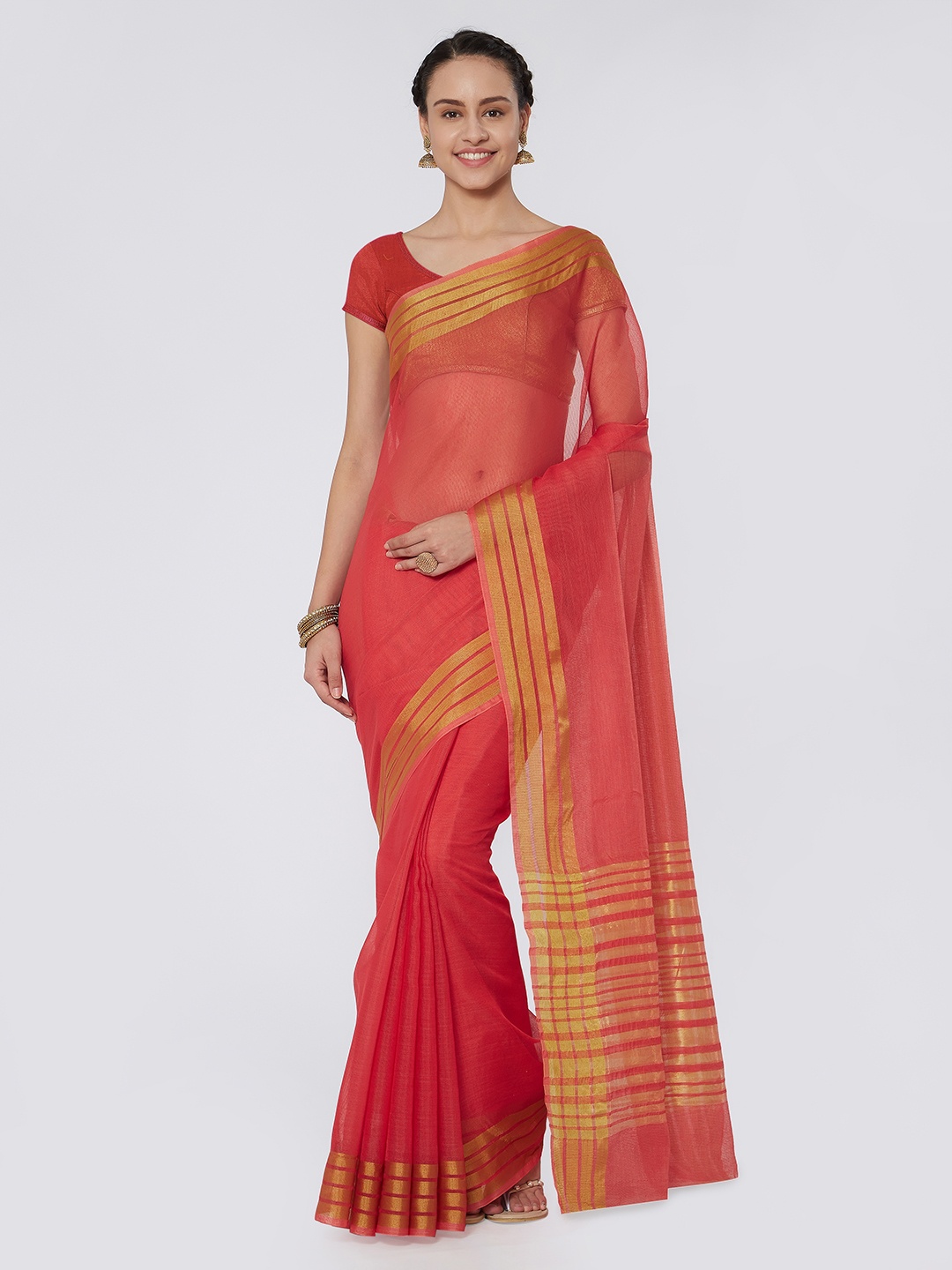 

Kvsfab Pink & Gold-Toned Silk Cotton Woven Design Saree