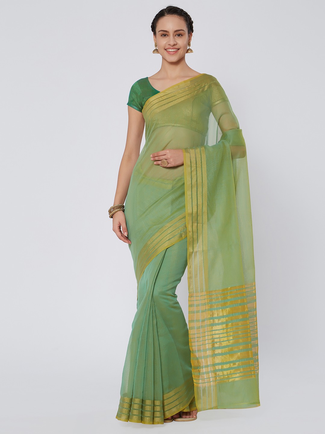 

Kvsfab Green & Gold-Toned Silk Cotton Woven Design Saree