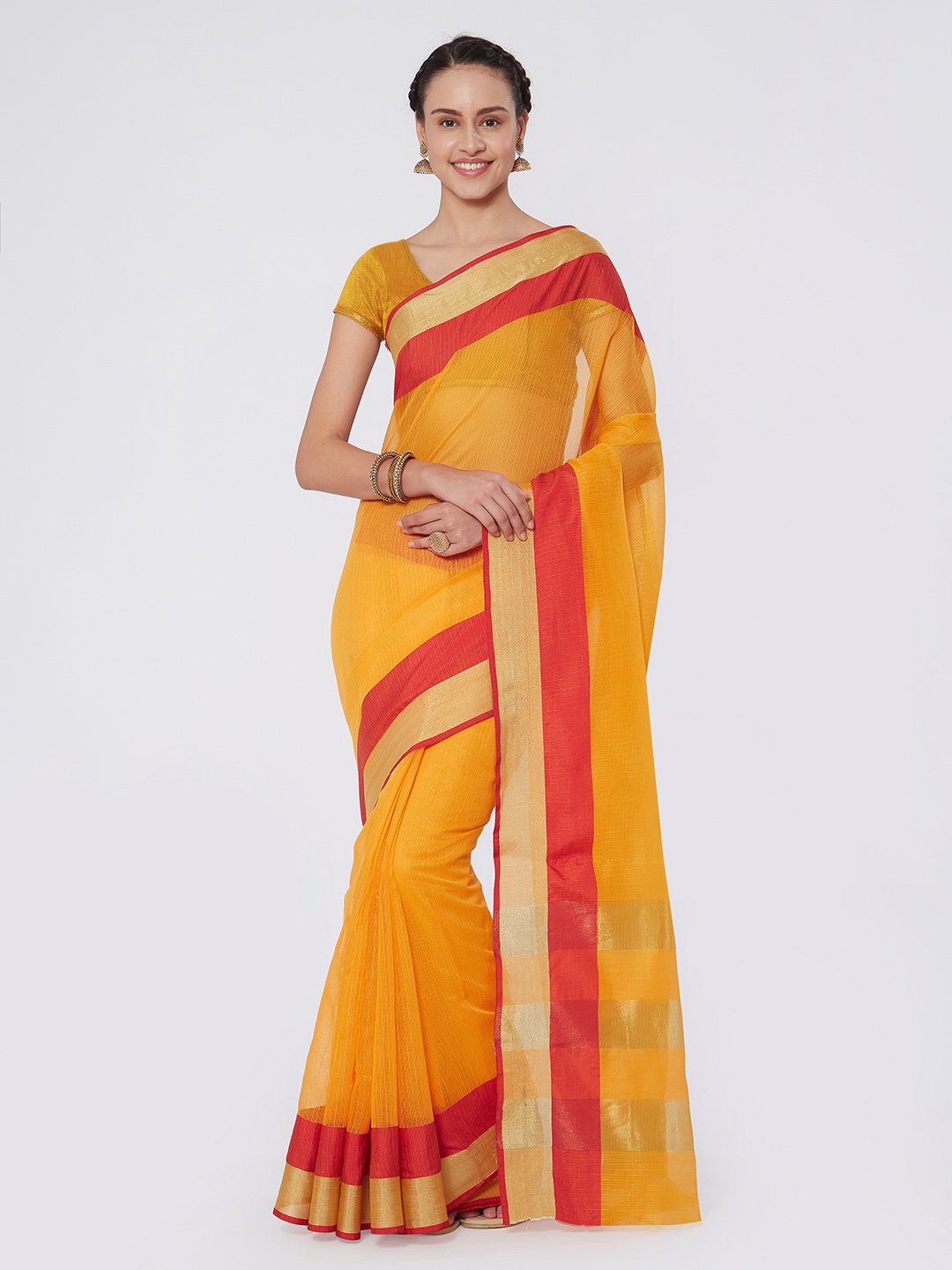 

Kvsfab Yellow & Red Silk Cotton Woven Design Saree
