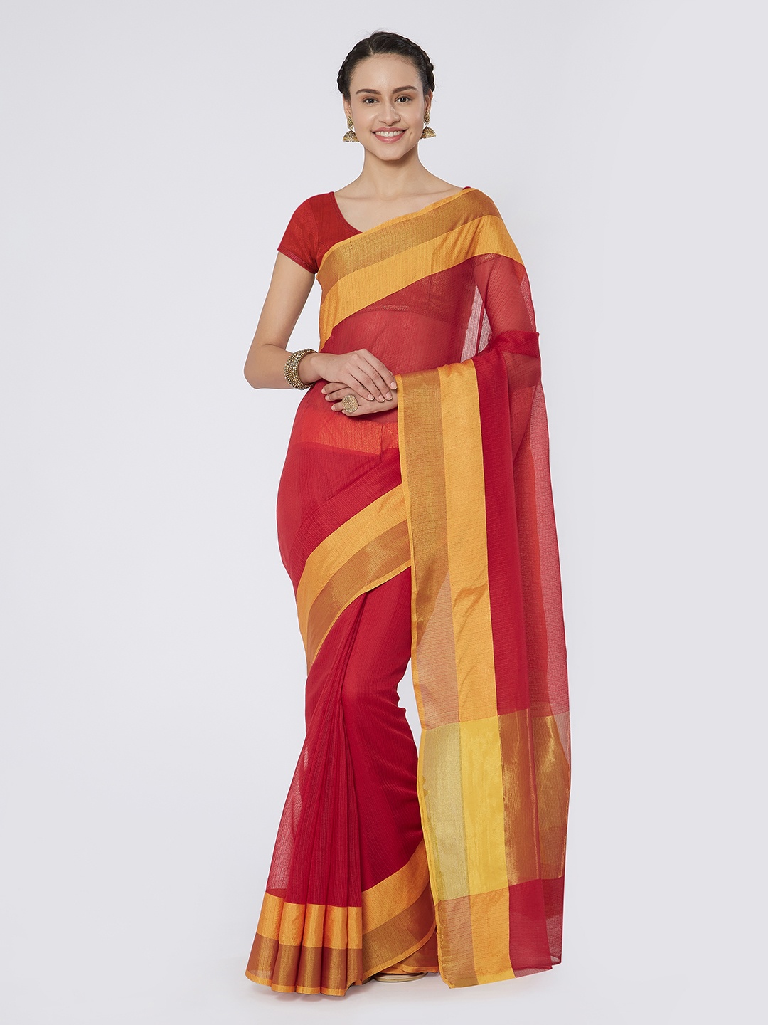 

Kvsfab Red & Yellow Silk Cotton Woven Design Saree