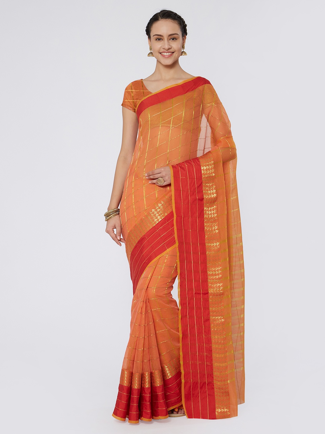 

Kvsfab Peach-Coloured & Red Silk Cotton Woven Design Saree