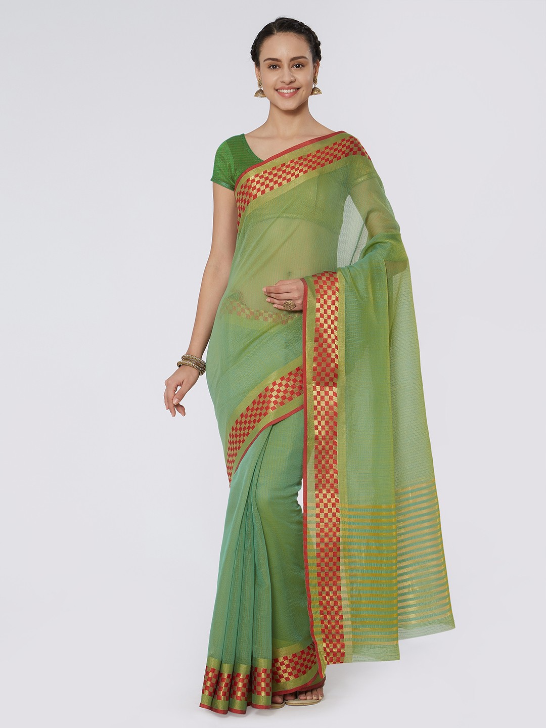 

Kvsfab Green & Red Silk Cotton Woven Design Saree