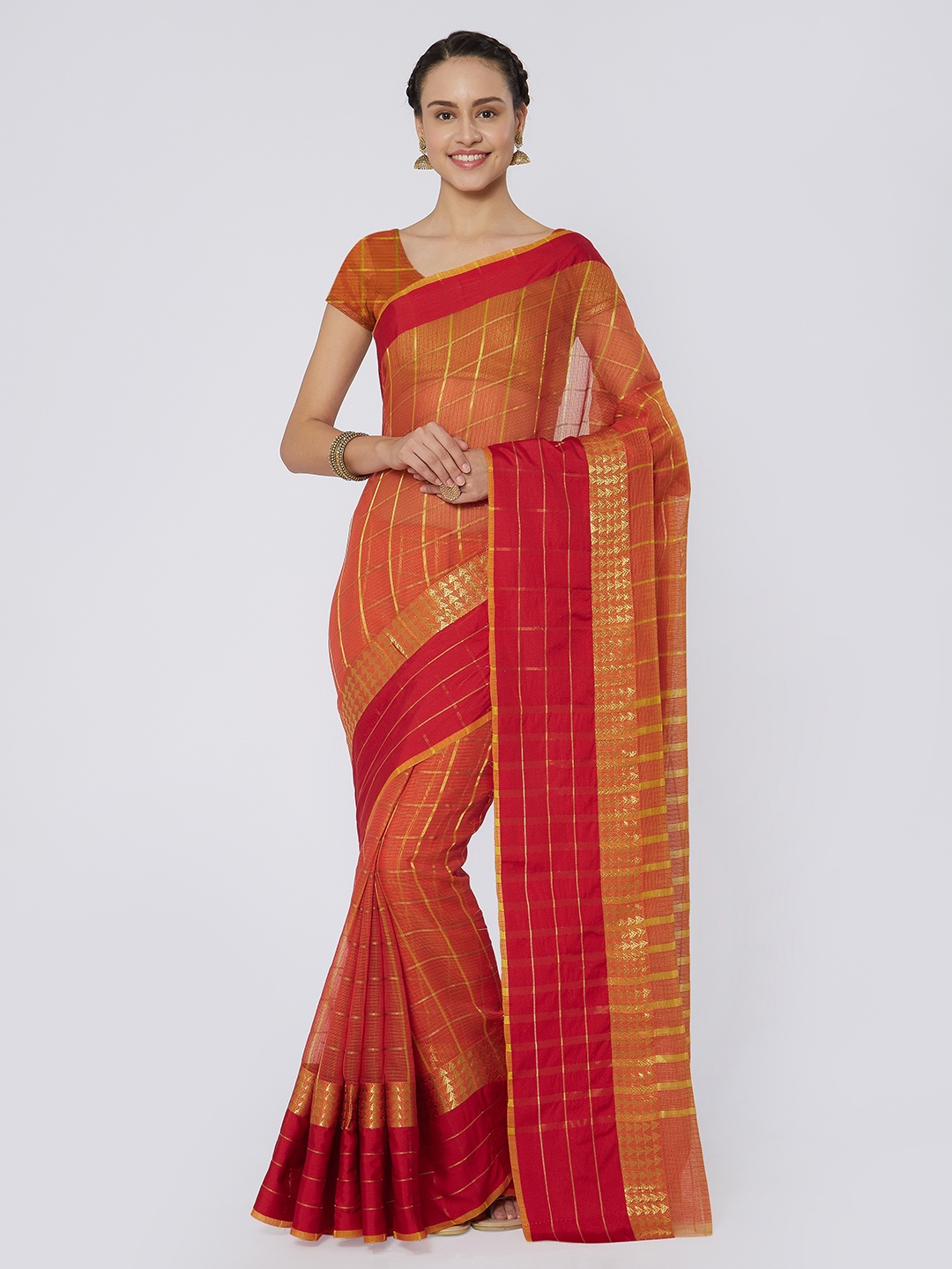 

Kvsfab Orange & Red Silk Cotton Woven Design Saree