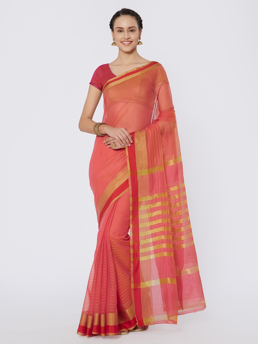 Kvsfab Peach-Coloured Woven Design Silk Cotton Saree