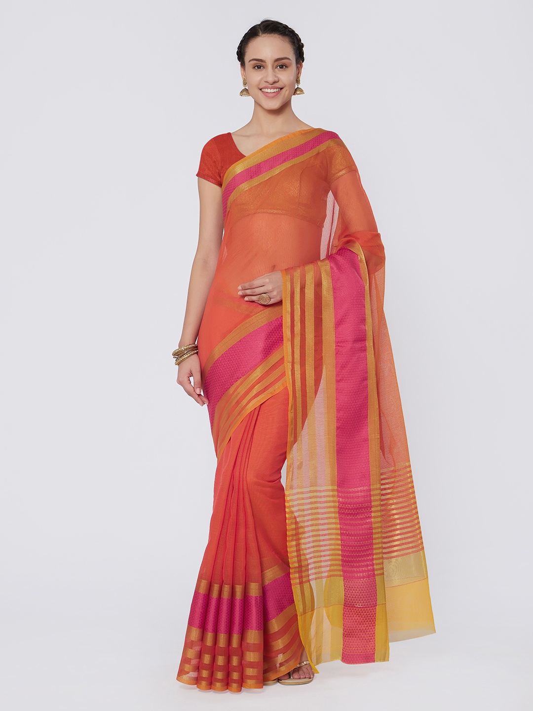 

Kvsfab Peach-Coloured & Pink Silk Cotton Woven Design Saree