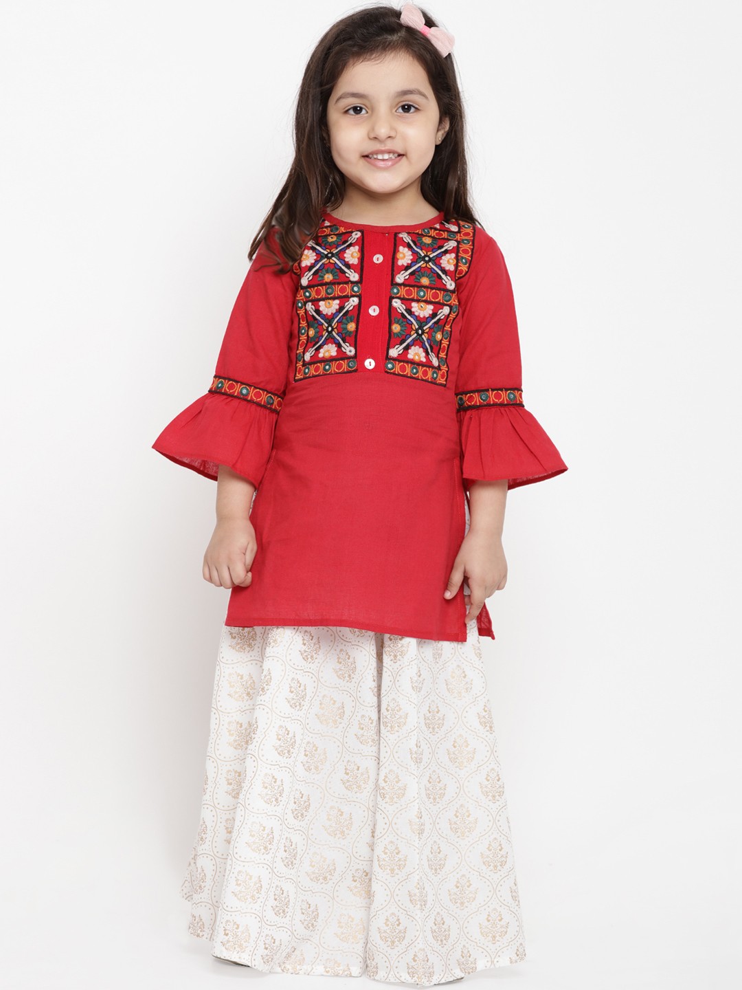 

Bitiya by Bhama Girls Red & White Embroidered Tunic with Skirt