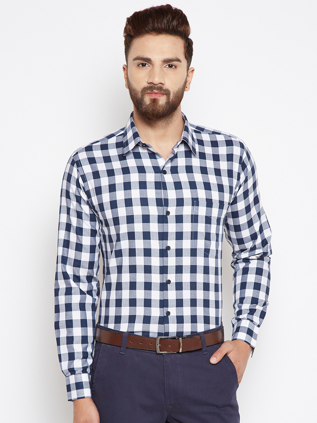 

Hancock Men Navy Blue & White Slim Fit Checked Formal Shirt