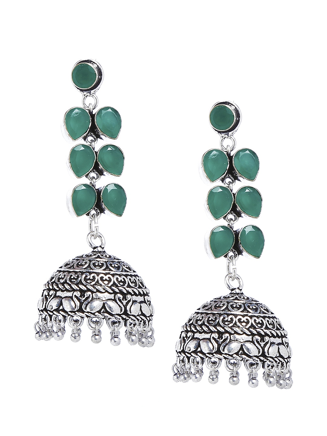 

Bamboo Tree Jewels Green & Silver-Toned Contemporary Jhumkas
