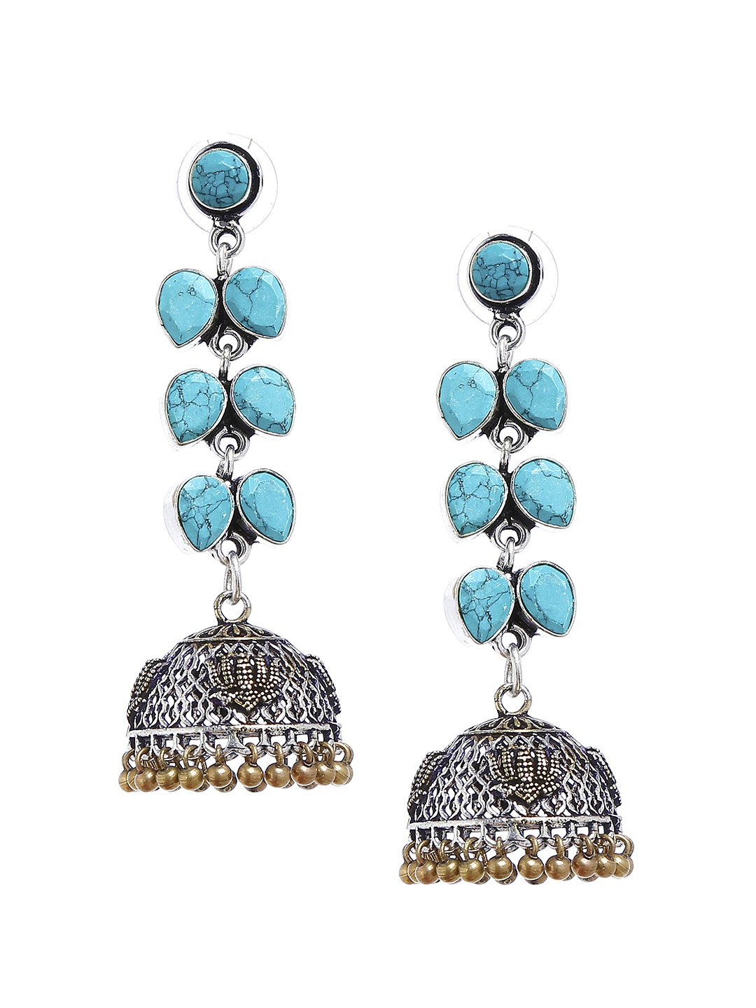 

Bamboo Tree Jewels Turquoise Blue & Silver-Toned Dome Shaped Handcrafted Jhumkas