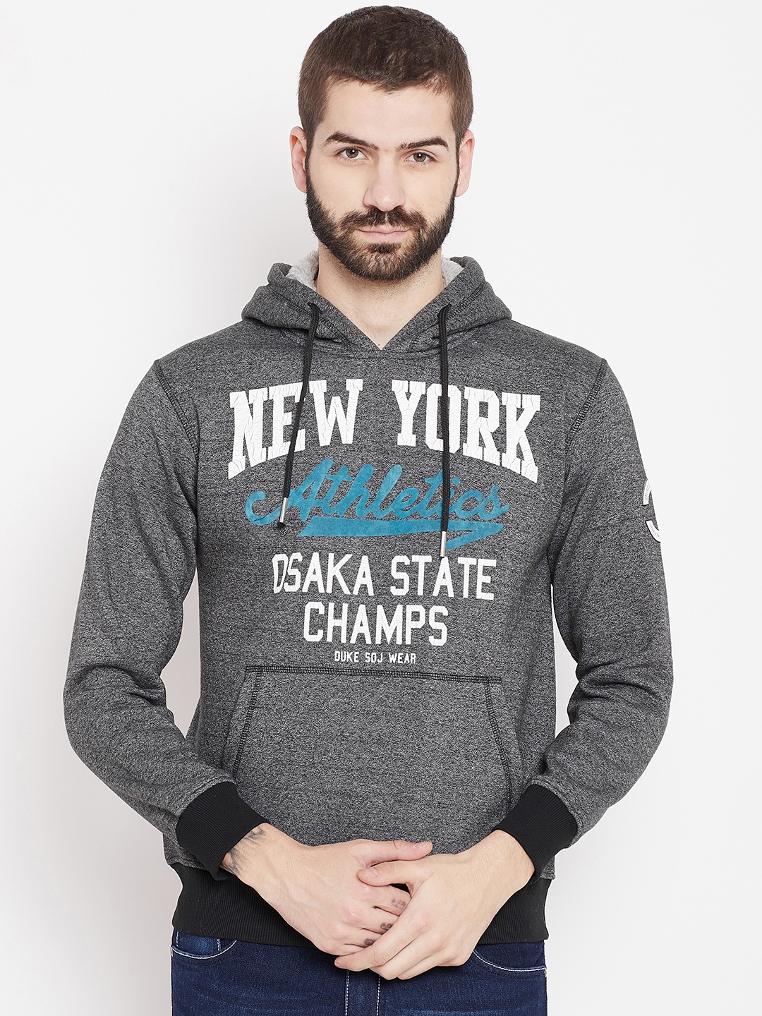 

Duke Stardust Men Charcoal Grey Printed Hooded Sweatshirt