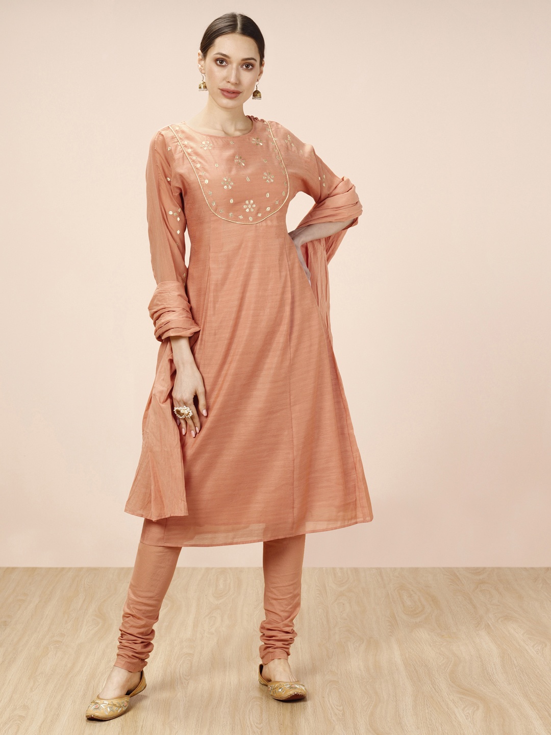 

all about you Women Peach-Coloured Embroidered Kurta with Churidar & Dupatta