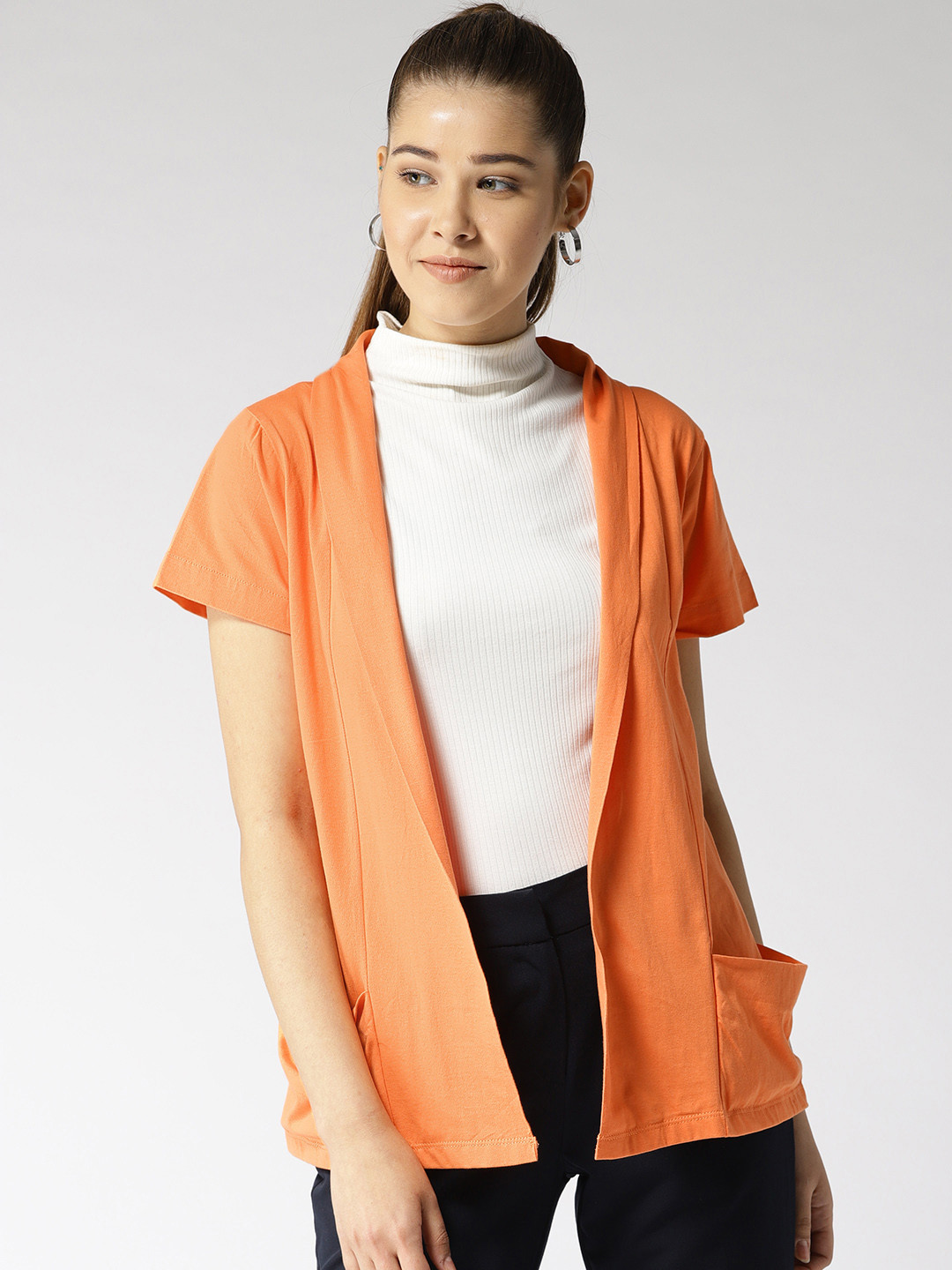 

Style Quotient Orange Solid Open Front Shrug