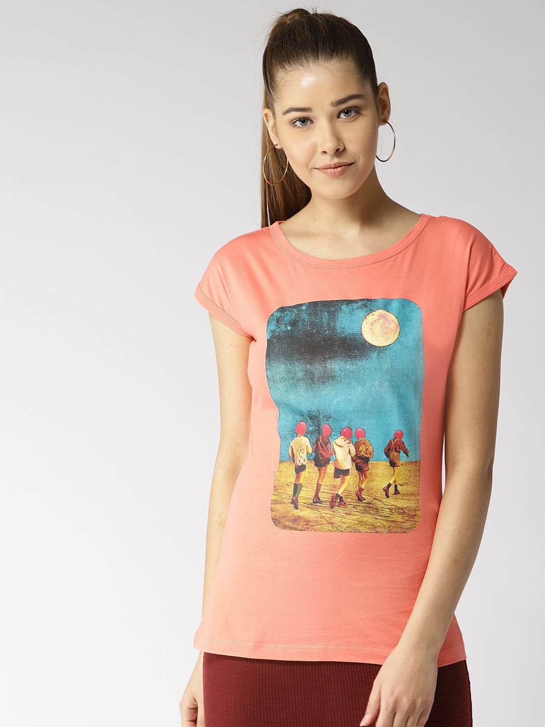 

Style Quotient Women Peach-Coloured Printed Round Neck T-shirt