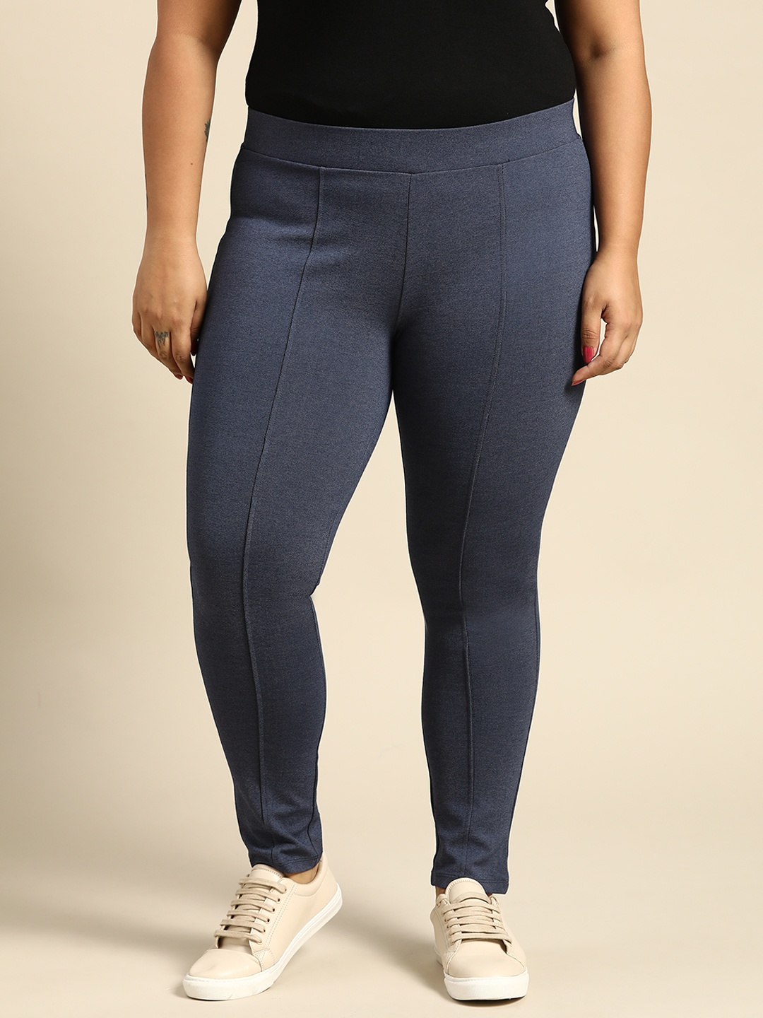 aLL Women Plus Size Navy Blue Solid Treggings